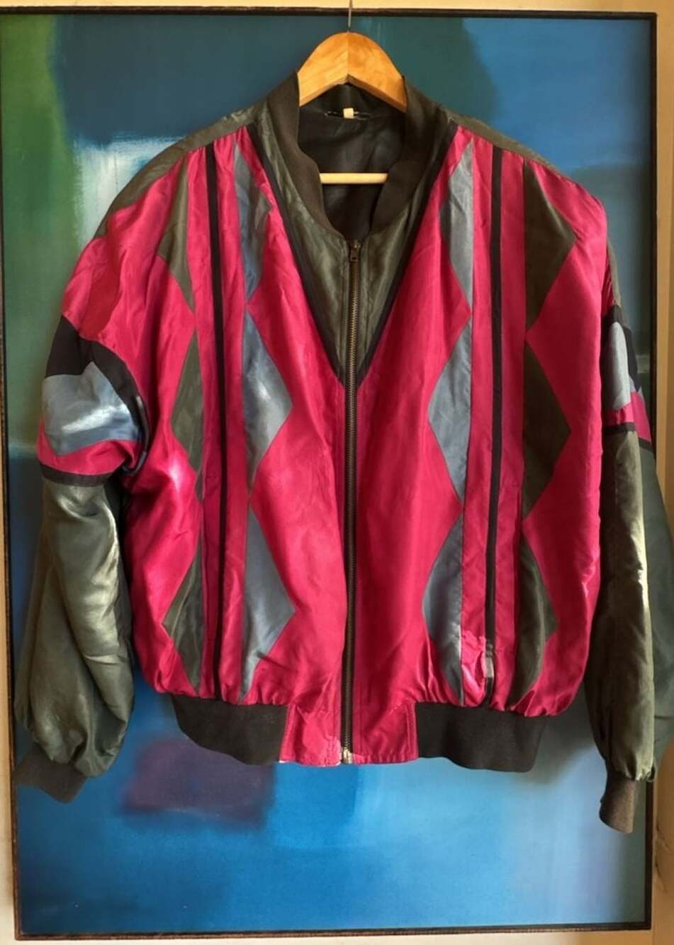 C&A Vintage Colorblock Silk Bomber Jacket Pink Multi 80s 90s